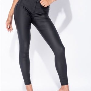Ladies High Waisted Black Coated Jeggings